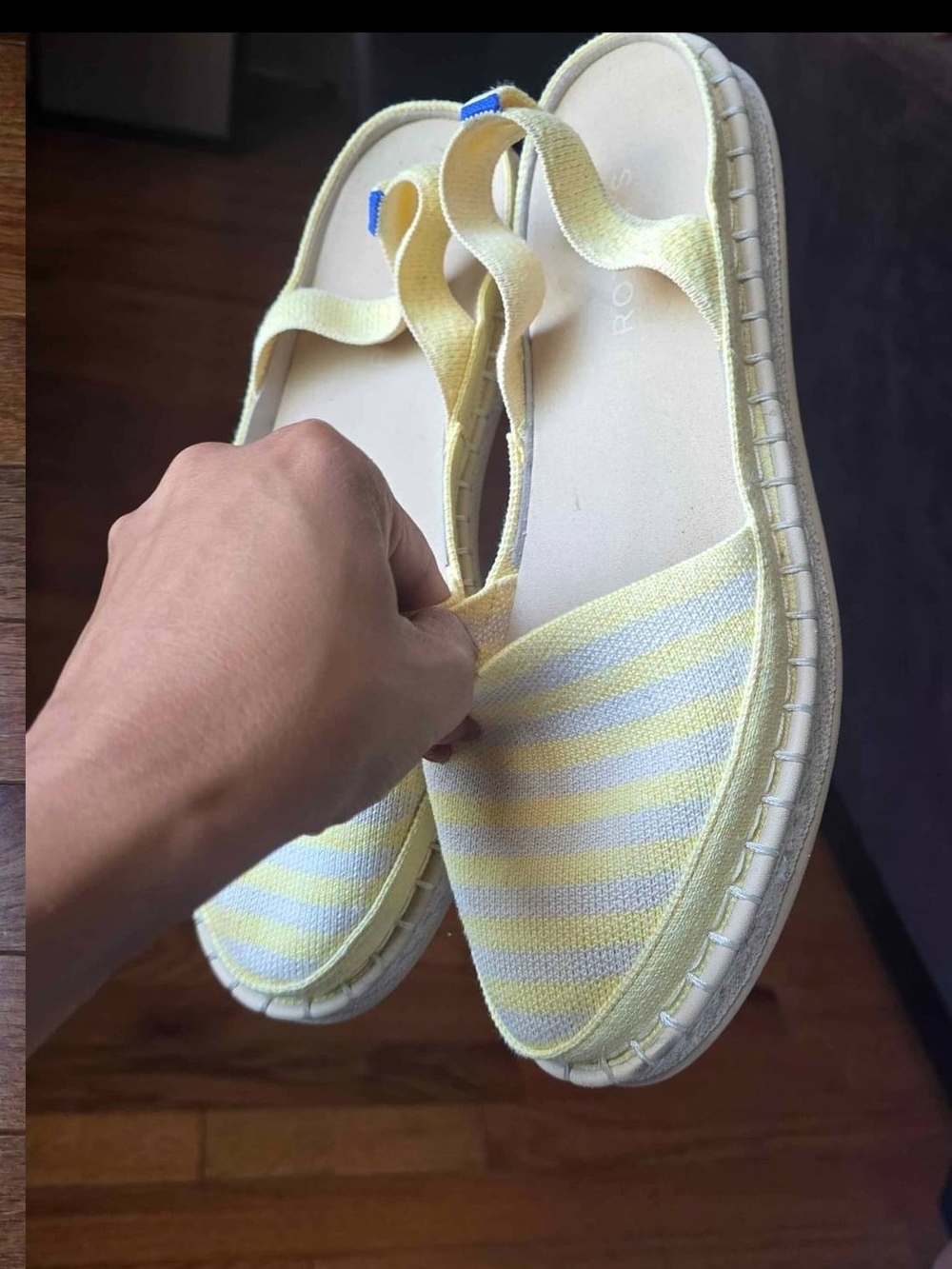Rothy's Yellow and White Striped Espadrille Sandals